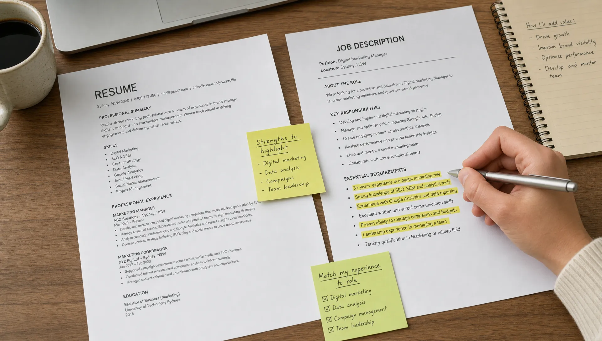 A desk with a printed resume, a highlighted job description, sticky notes, and a pen, showing a job seeker matching skills from their experience to role requirements.