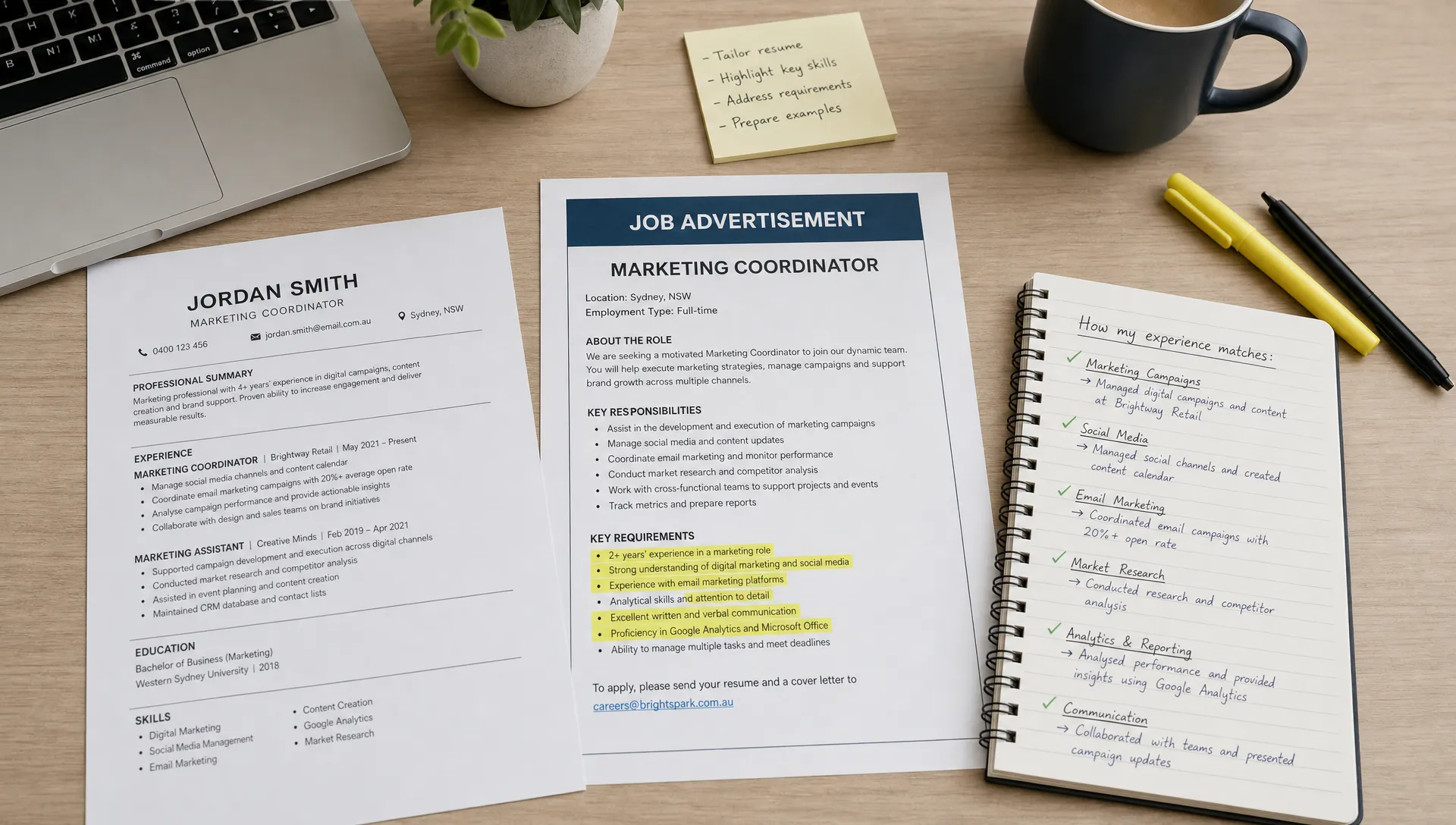 A neatly organised tabletop with a printed resume, a job advertisement, highlighted skill requirements, and notes showing how a candidate's experience matches a role.