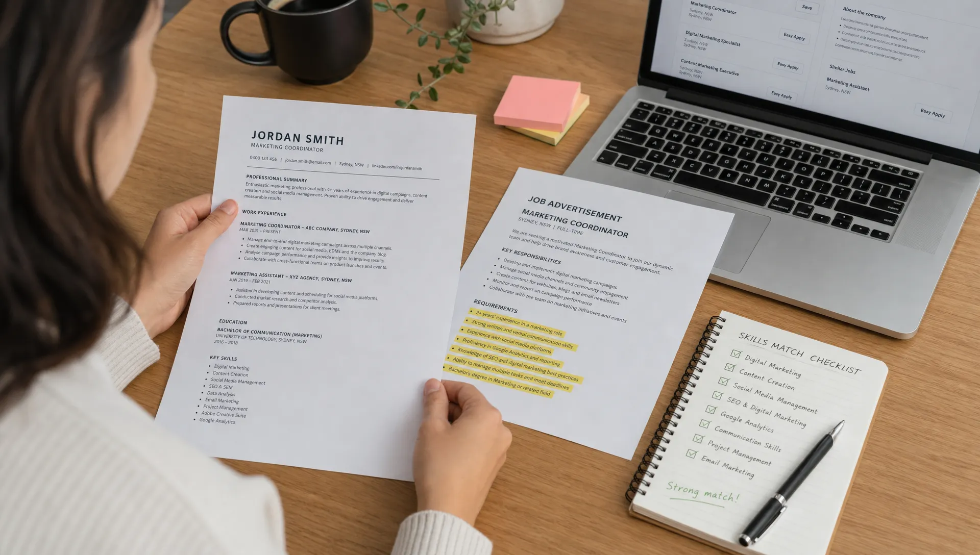 A job seeker reviewing a printed resume, highlighted job ad requirements, and a checklist of matching skills spread across a desk with a laptop open beside them.