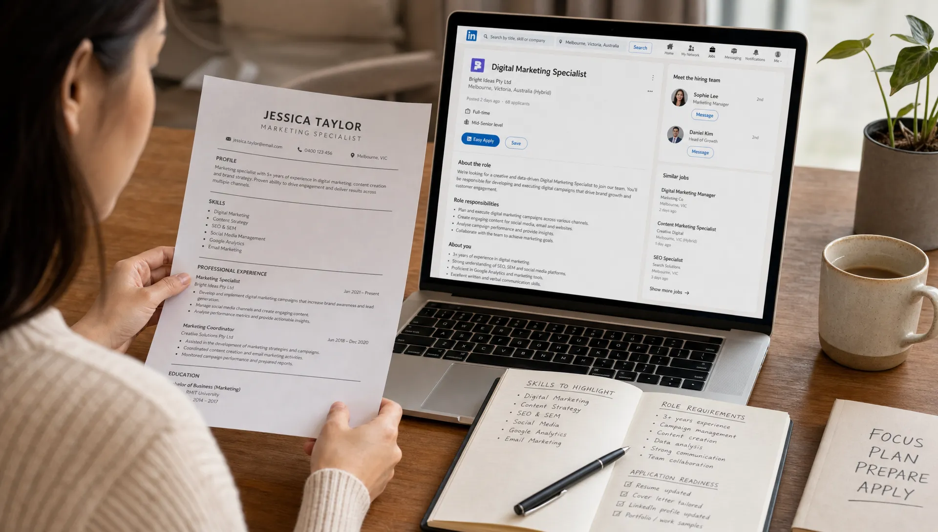 A job seeker reviewing a printed resume beside an open laptop showing a generic LinkedIn job listing screen facing the viewer, with notes about skills, role requirements, and application readiness spread nearby.
