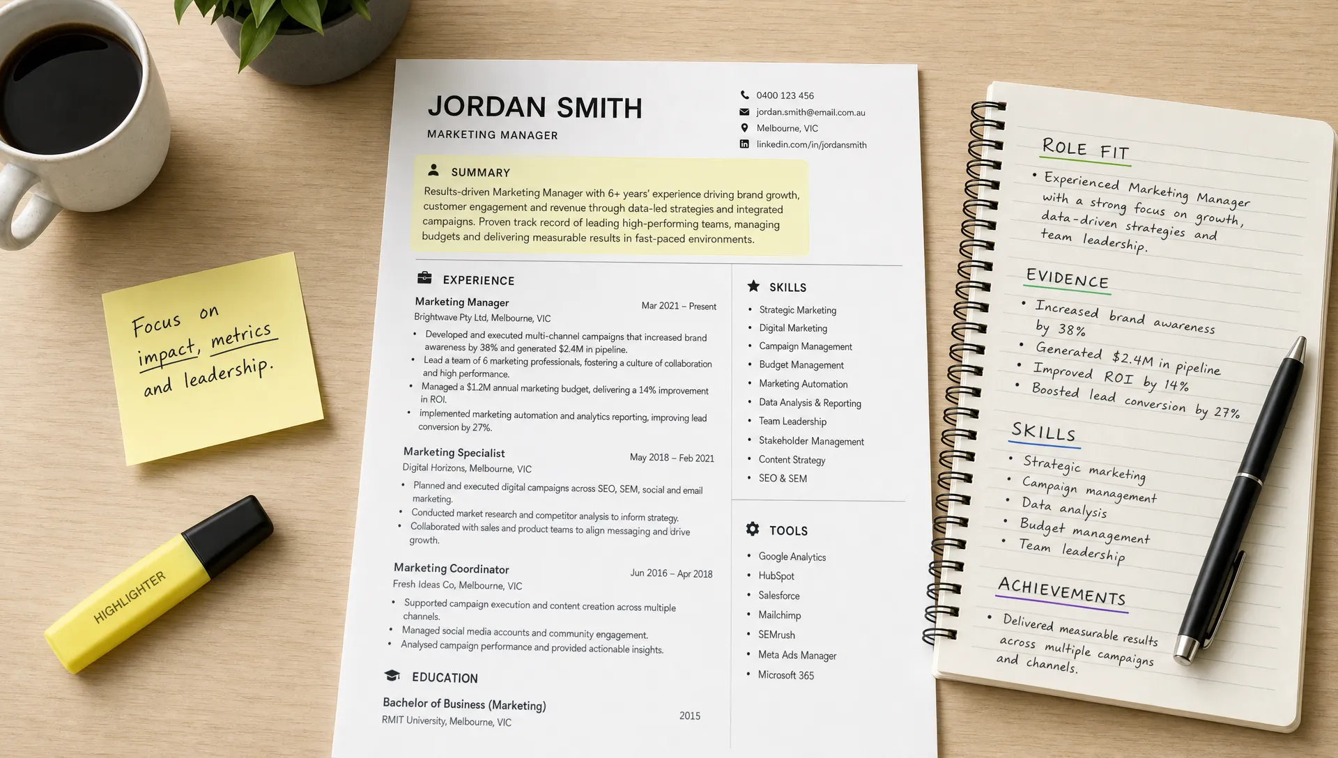 A clean one-page resume laid flat in a tidy workspace with the summary section highlighted, alongside notes showing role fit, evidence, skills, and achievements.