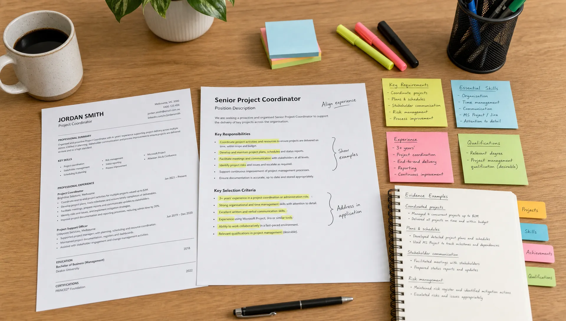 A neat tabletop with a printed resume, a marked-up job description, sticky notes showing role requirements, and a notebook with evidence examples organised for a job application.