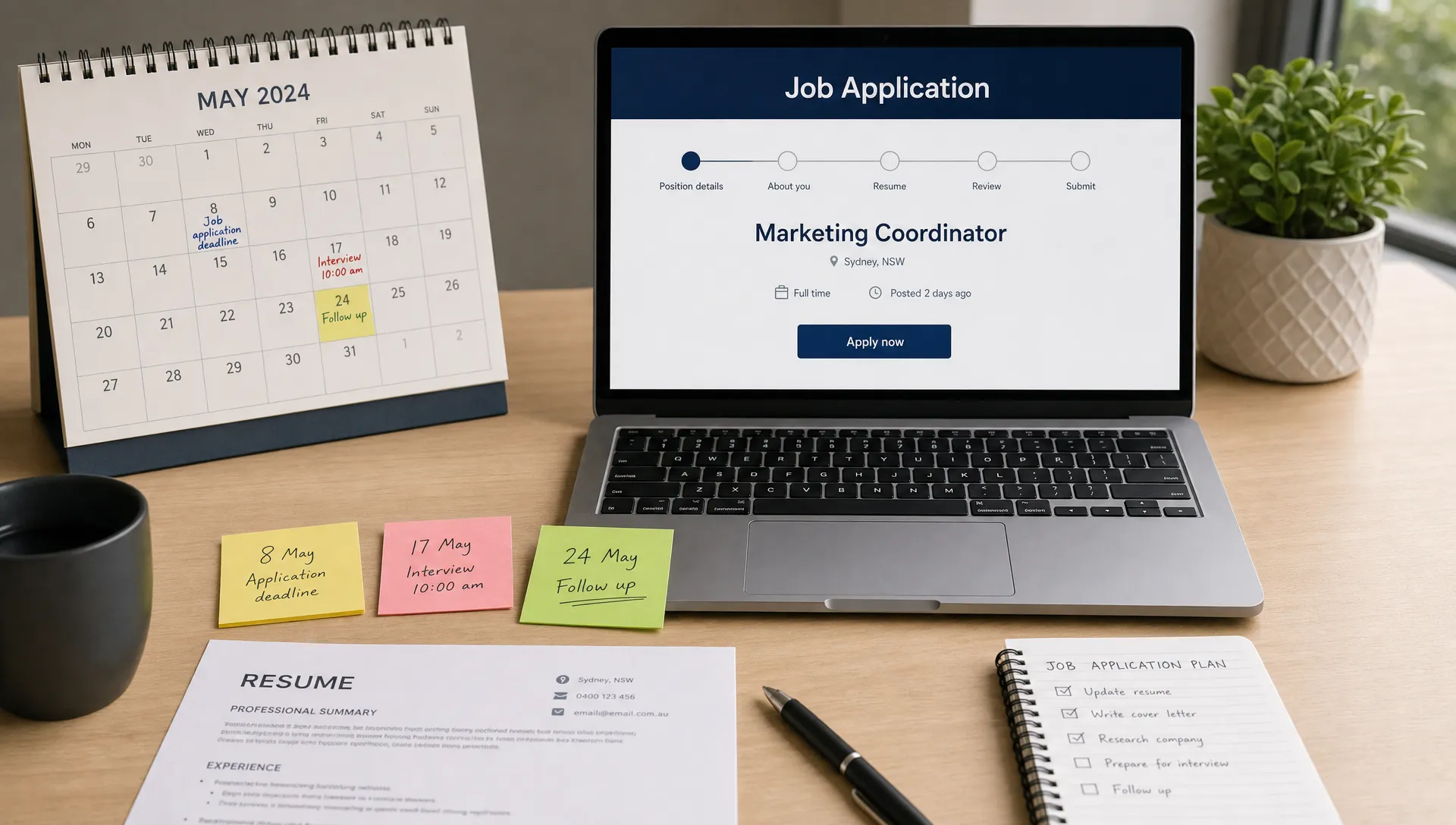 A tidy desk with a calendar, resume pages, sticky notes for job deadlines, and a laptop showing a simple job application screen facing the viewer, representing organised timing and preparation for job applications.