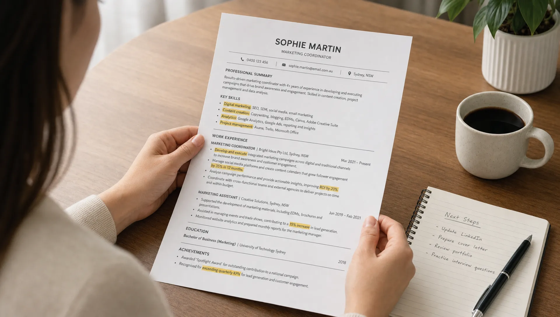 A job seeker reviewing a printed resume with highlighted examples of skills, experience, responsibilities, and results arranged neatly on a desk beside a notebook and pen.