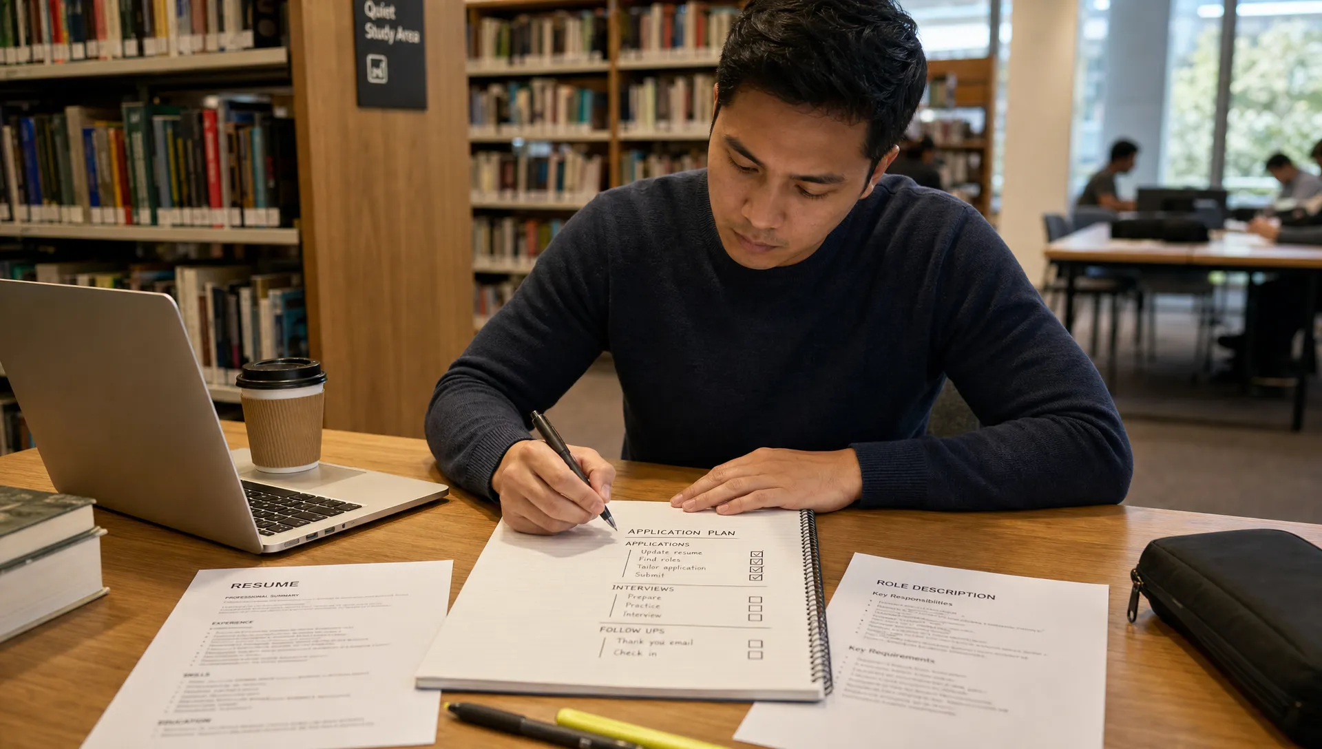A job seeker reviews a focused application plan at a library table with a resume, role description notes, and a checklist showing applications, interviews, and follow-ups.