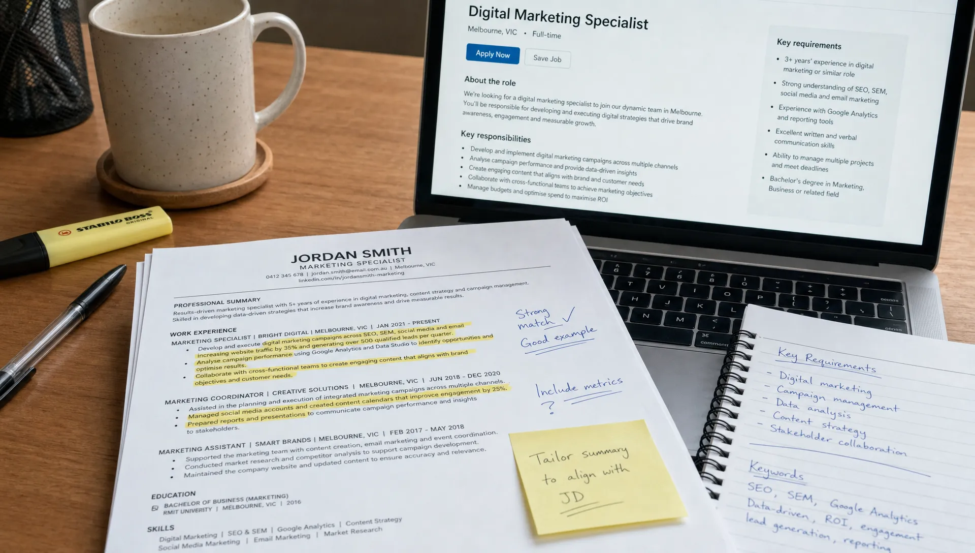 A close-up view of a resume draft on a desk with highlighted work experience bullet points, handwritten notes, and a laptop nearby showing a job description on the screen facing the viewer.