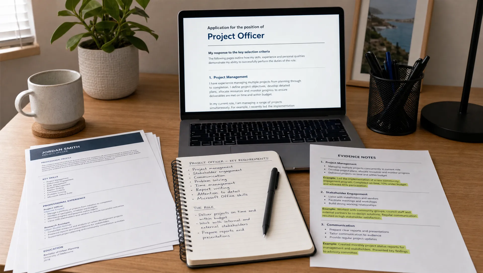 A tidy home-office desk with printed resume pages, a laptop facing the camera showing a job application document, a notebook listing role requirements, and highlighted evidence notes laid out for review.