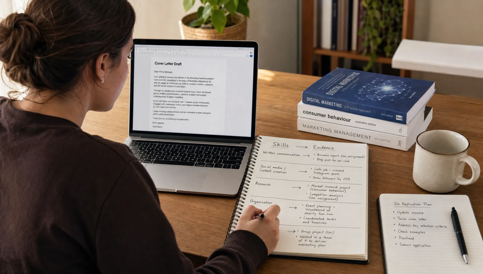 A job seeker reviewing a cover letter draft beside notes that connect skills to evidence, including examples from study, part-time work, projects, and volunteering.
