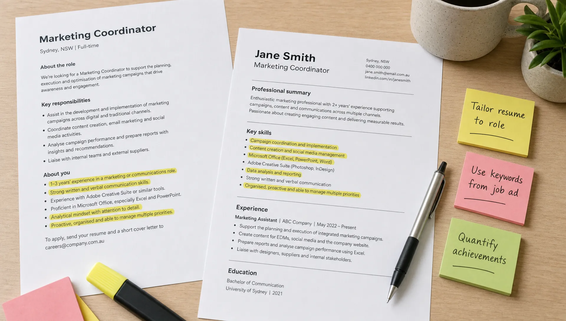 A printed job ad beside a resume draft, highlighted keywords, sticky notes and a pen arranged on a neat workspace, showing the process of tailoring a resume to a specific role.