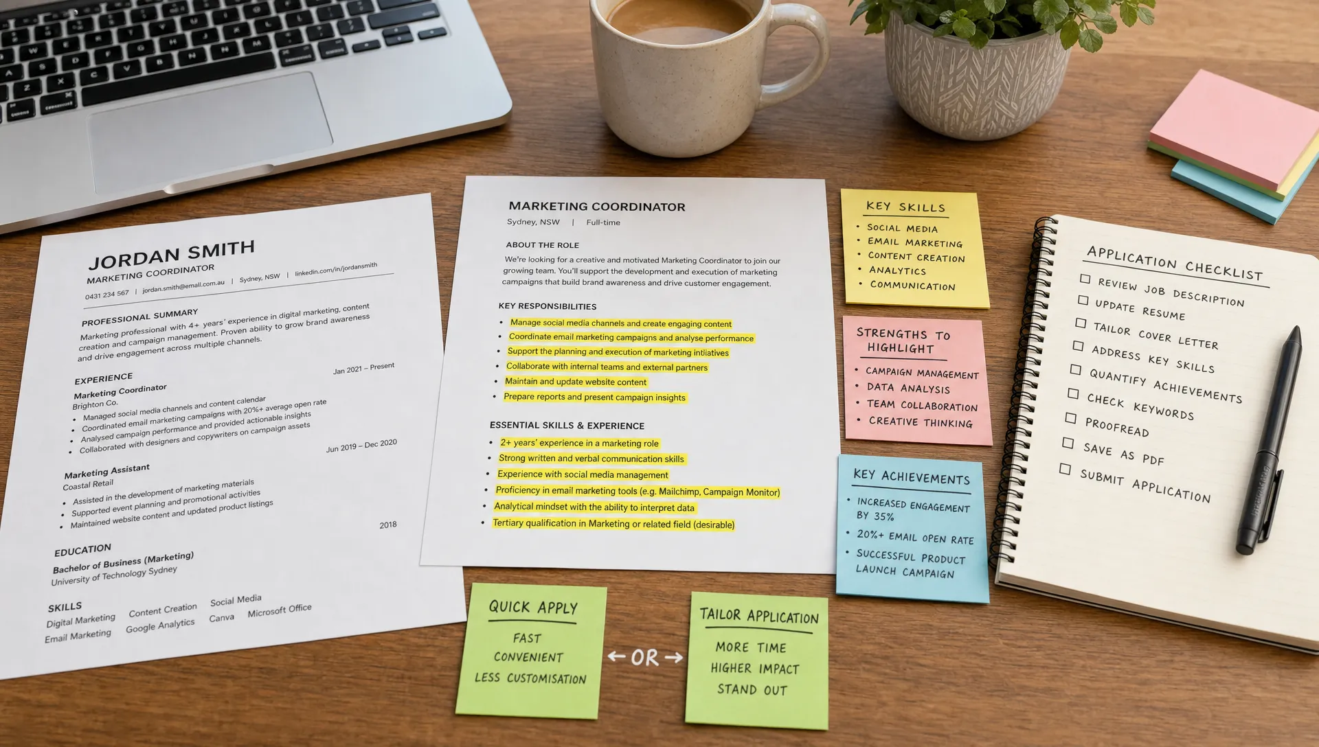 A job application desk with a printed resume, a highlighted job description, sticky notes showing key skills, and a simple application checklist, representing a candidate deciding whether to quick apply or tailor an application.