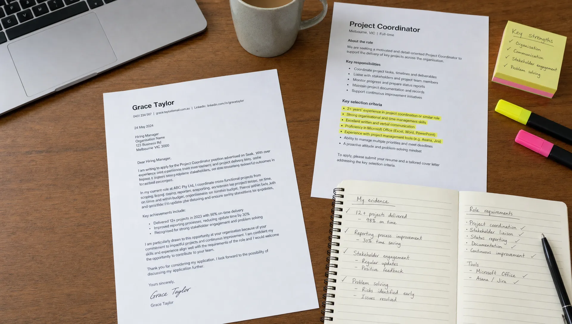 A desk with printed cover letter pages, handwritten notes, and a highlighted job ad showing a job seeker preparing a tailored cover letter with organised evidence and role requirements.