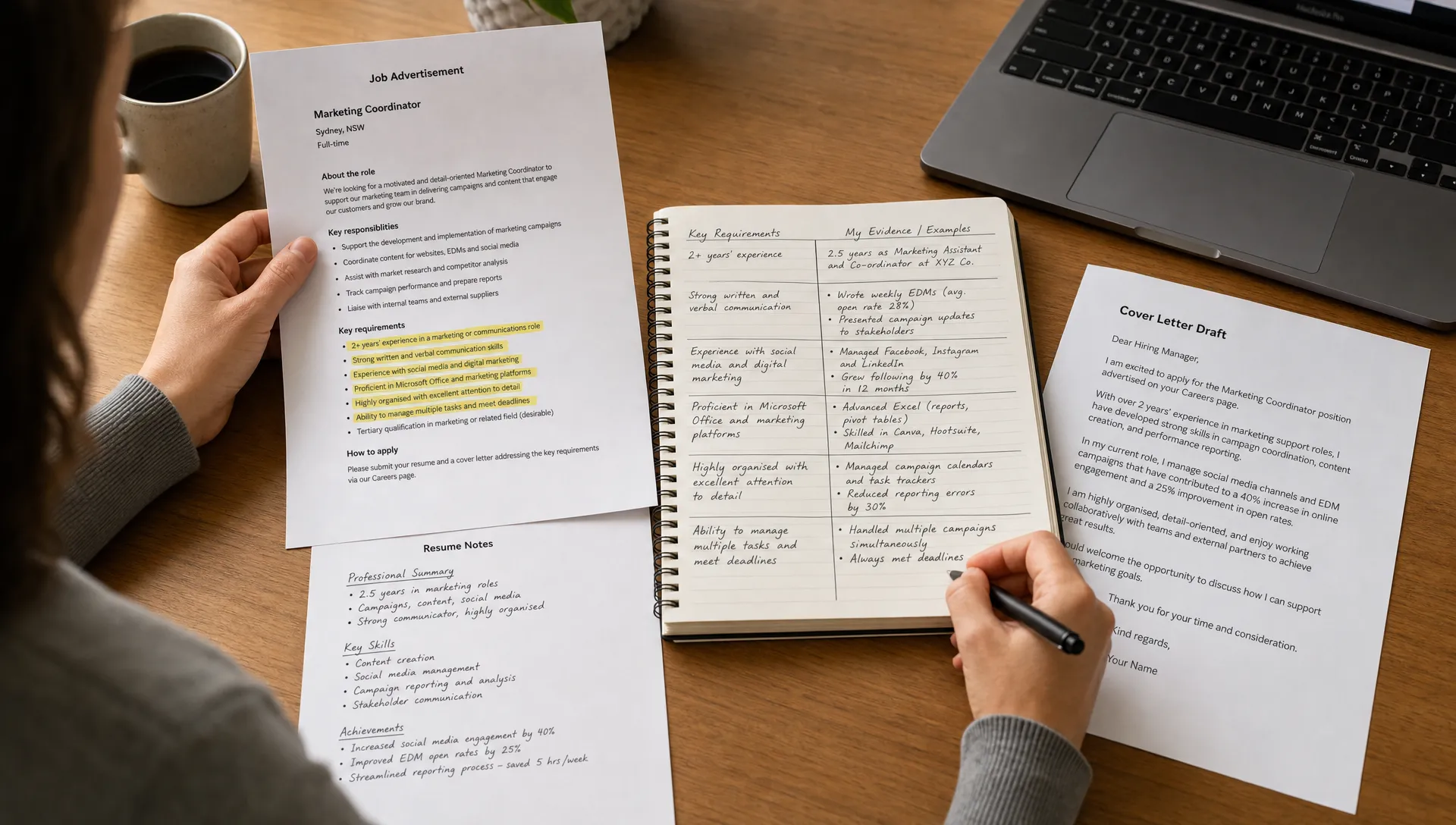 A job seeker reviewing a printed job ad, resume notes, and a cover letter draft on a desk, with highlighted role requirements and handwritten evidence examples beside a laptop.