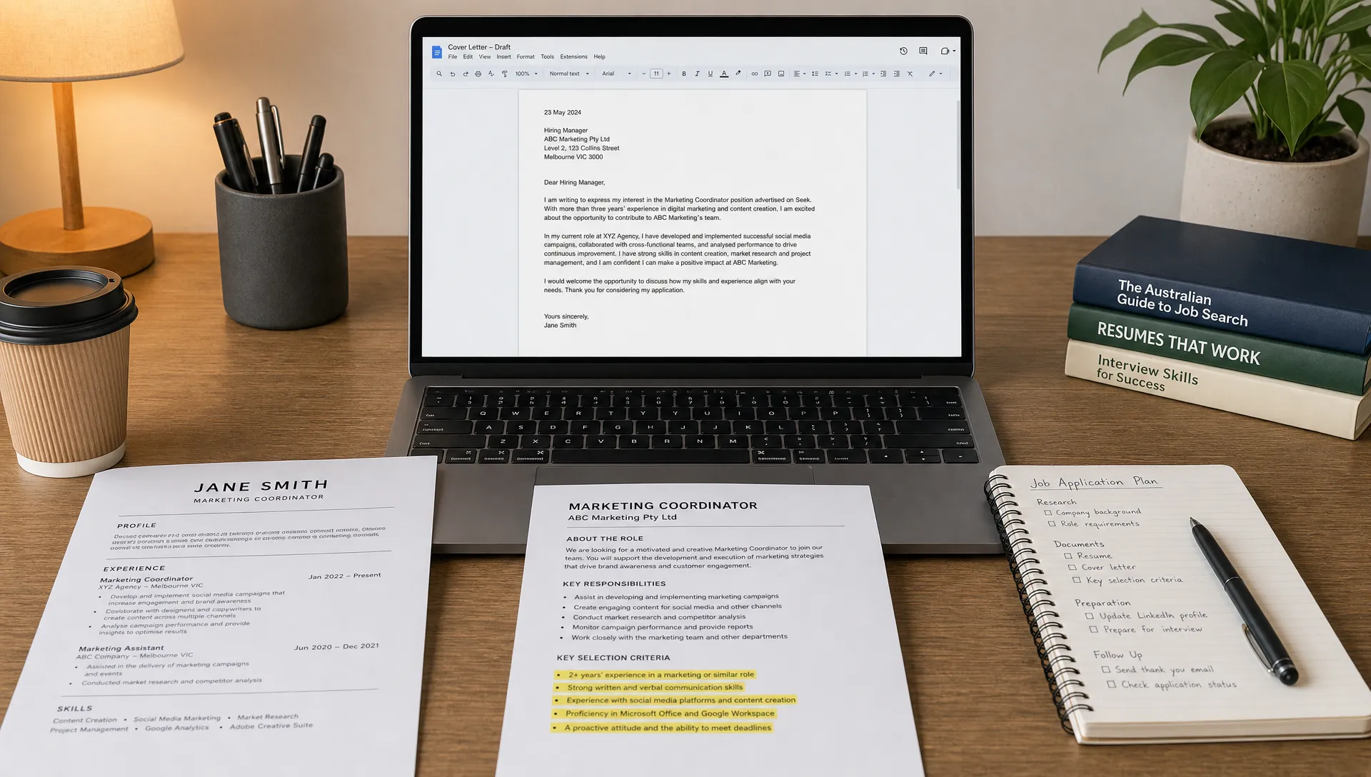 A neatly organised job application workspace with a resume, cover letter draft, highlighted job description, notebook, and a laptop showing a simple document editor with the screen facing forward.