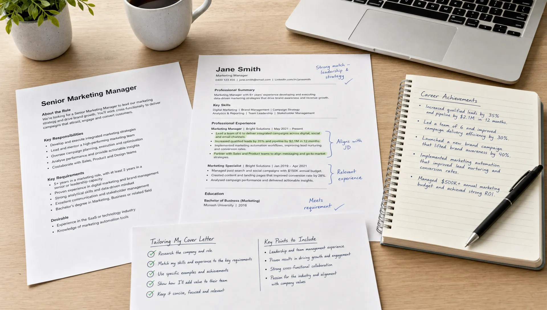 A neatly arranged workspace with a printed job description, a marked-up resume, a notebook of career achievements and a pen, showing the process of tailoring a cover letter to a specific role.