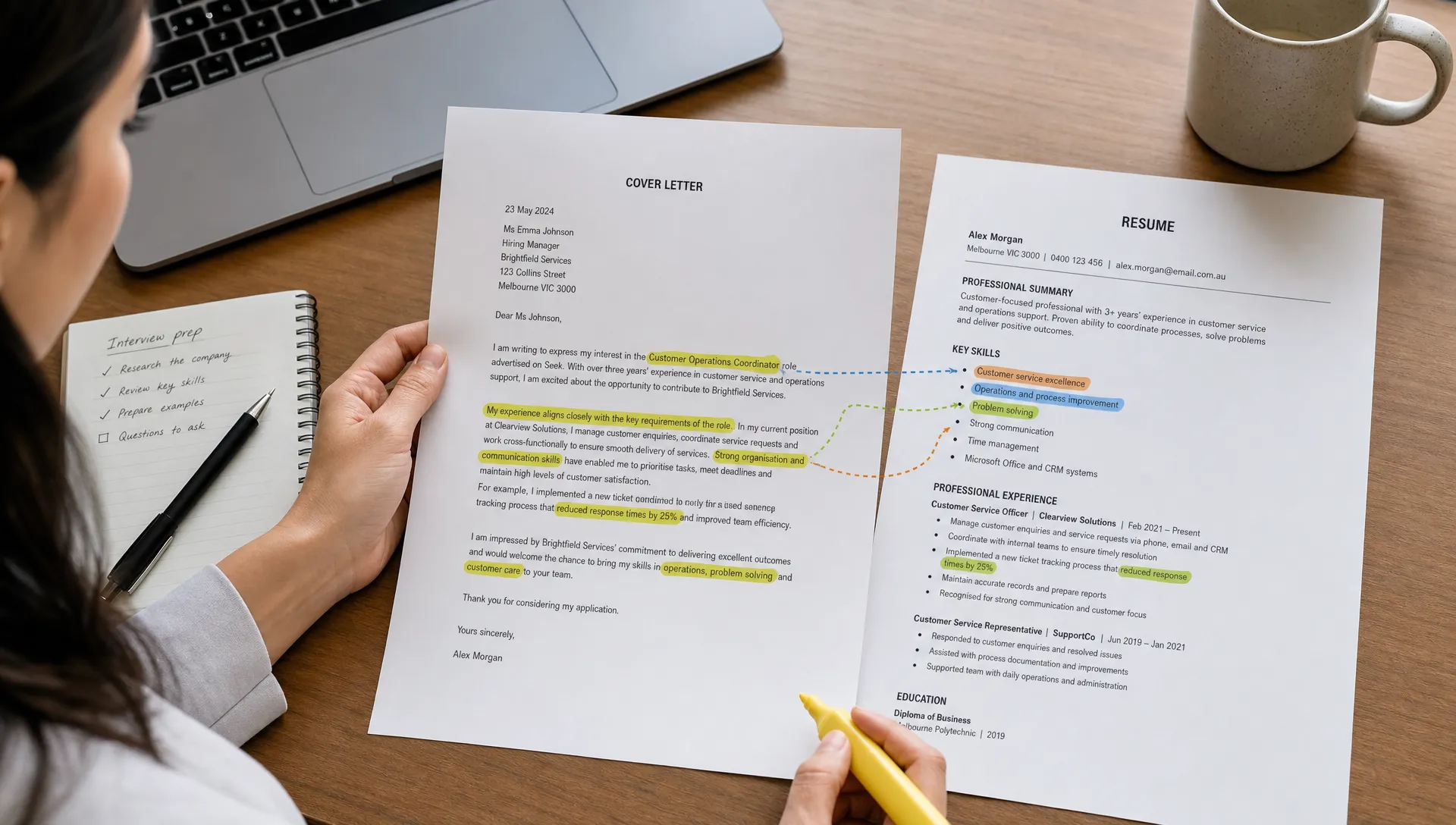 A job seeker reviewing a printed cover letter beside a resume, with highlighted phrases showing skills, role requirements, and evidence connected together on a desk.