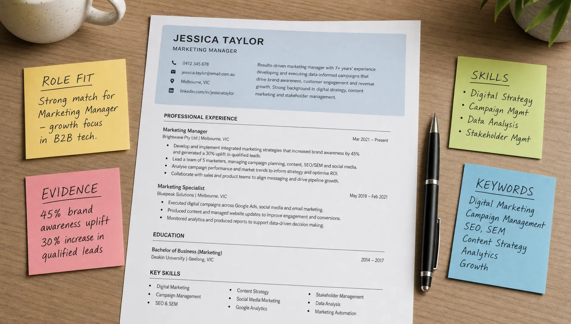 A printed resume on a desk with the top profile section highlighted, surrounded by sticky notes for role fit, evidence, skills and keywords.