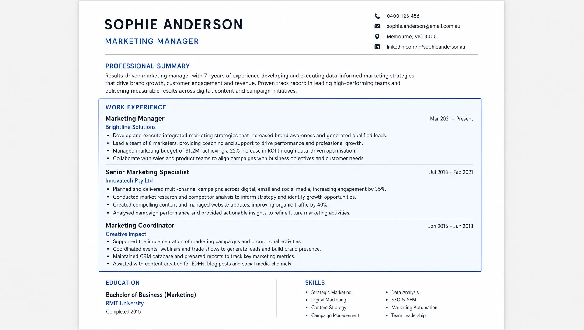 A clean one-page resume with the work experience section clearly highlighted, showing job titles, employer names, dates, and concise bullet points laid out for easy scanning.