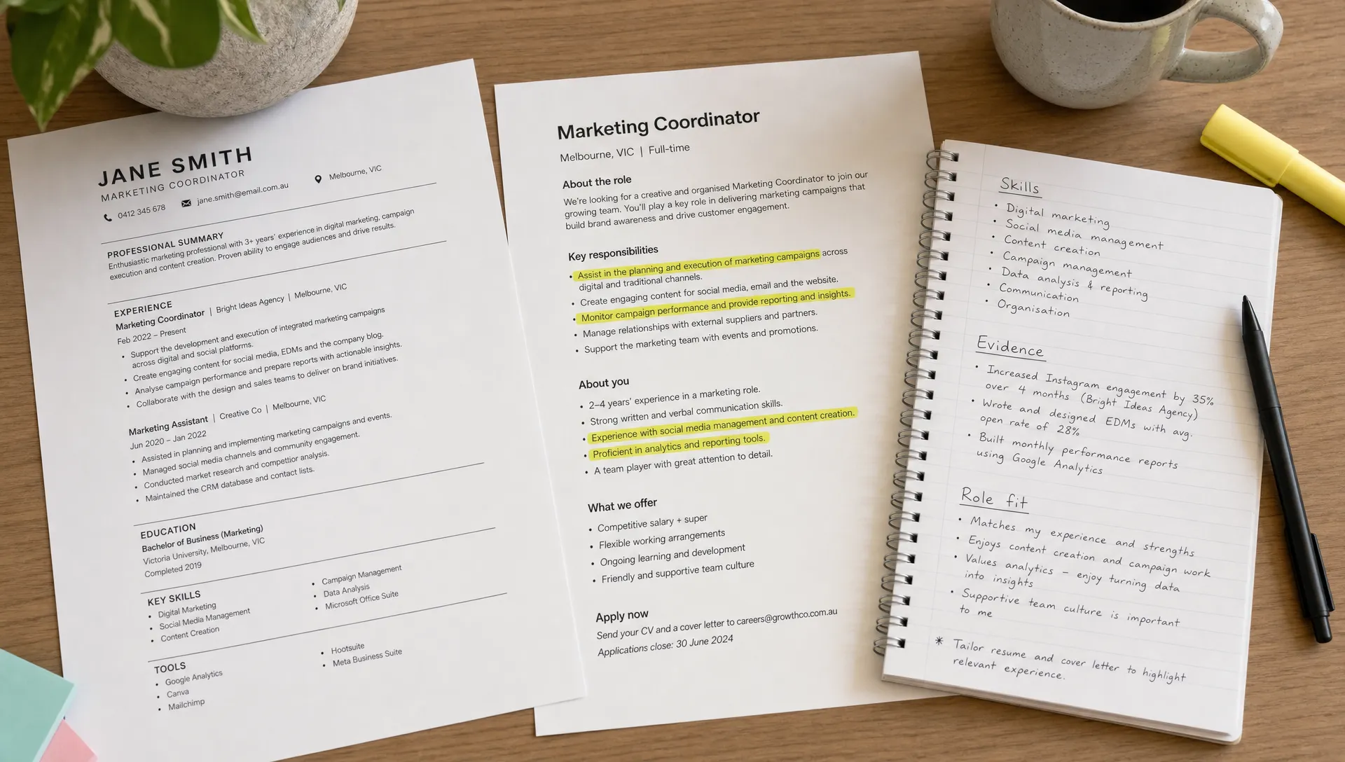 A resume page sits beside a highlighted job ad and notes showing skills, evidence, and role fit before applying.