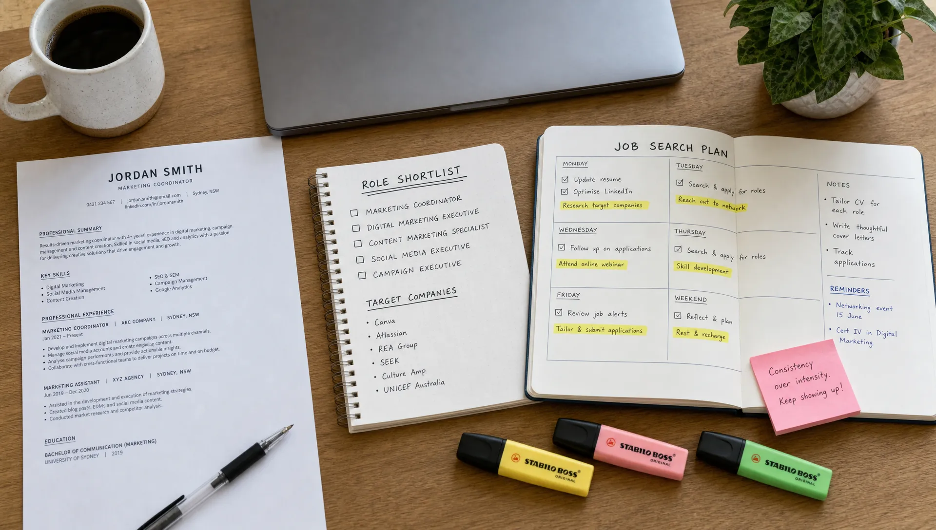 A weekly job search plan spreads out with a resume, role shortlist, calendar notes and highlighters beside a closed laptop.