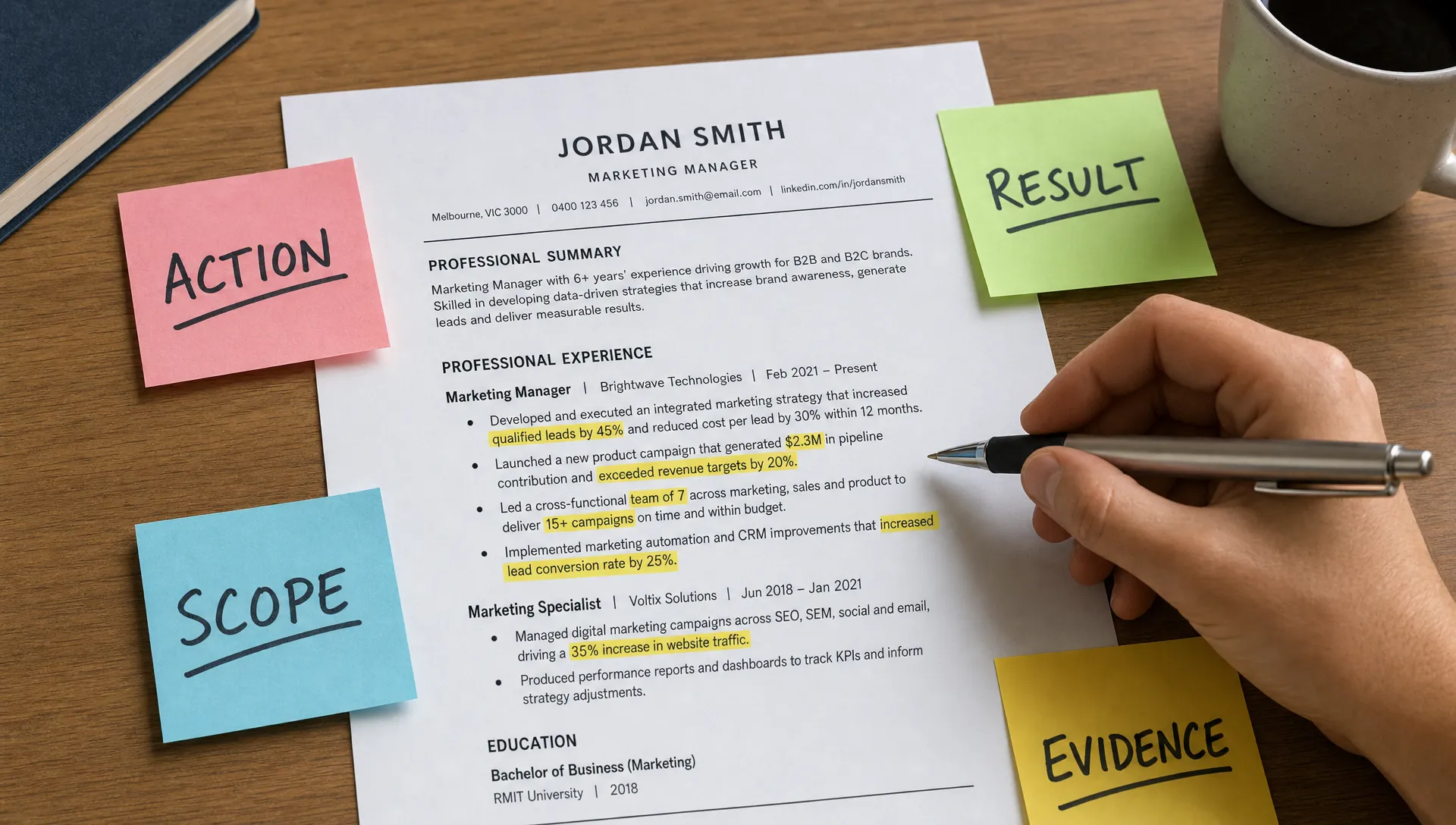 An open resume page surrounded by sticky notes labelled action, result, scope and evidence, with a pen highlighting achievement-focused bullet points.