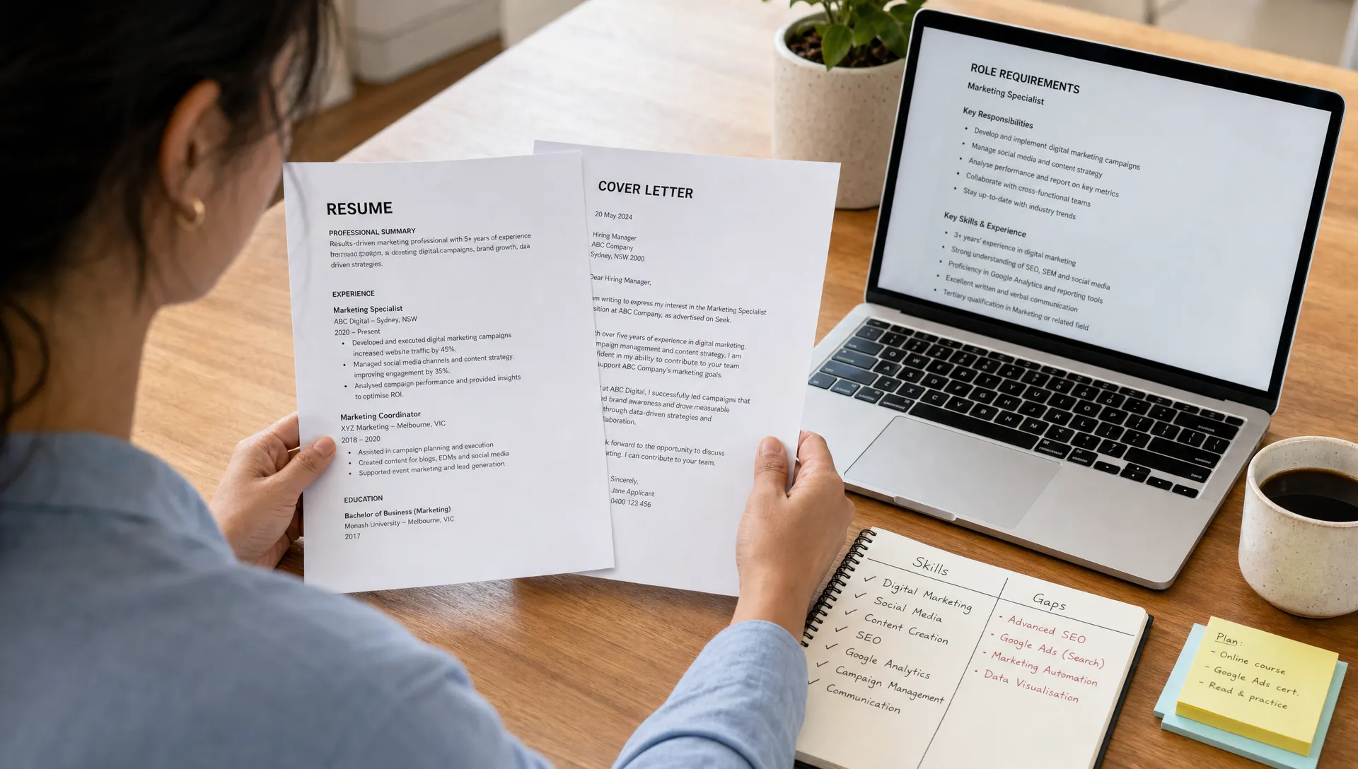 A job seeker reviews a resume, cover letter and role requirements beside a laptop with notes on skills and gaps.