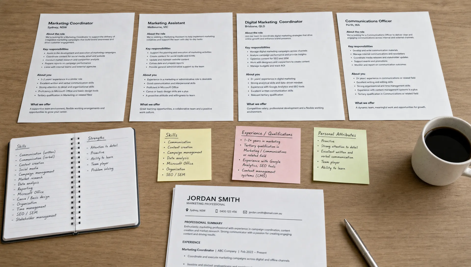 Printed job ads, notes and a resume are spread out as repeated skills and responsibilities are grouped into clear categories.