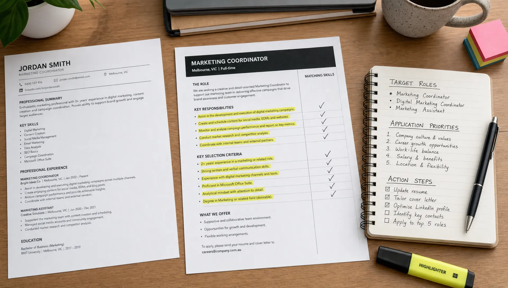 A printed resume and highlighted job advertisement sit side by side with checkmarks beside matching skills, and a notebook lists target roles and application priorities.