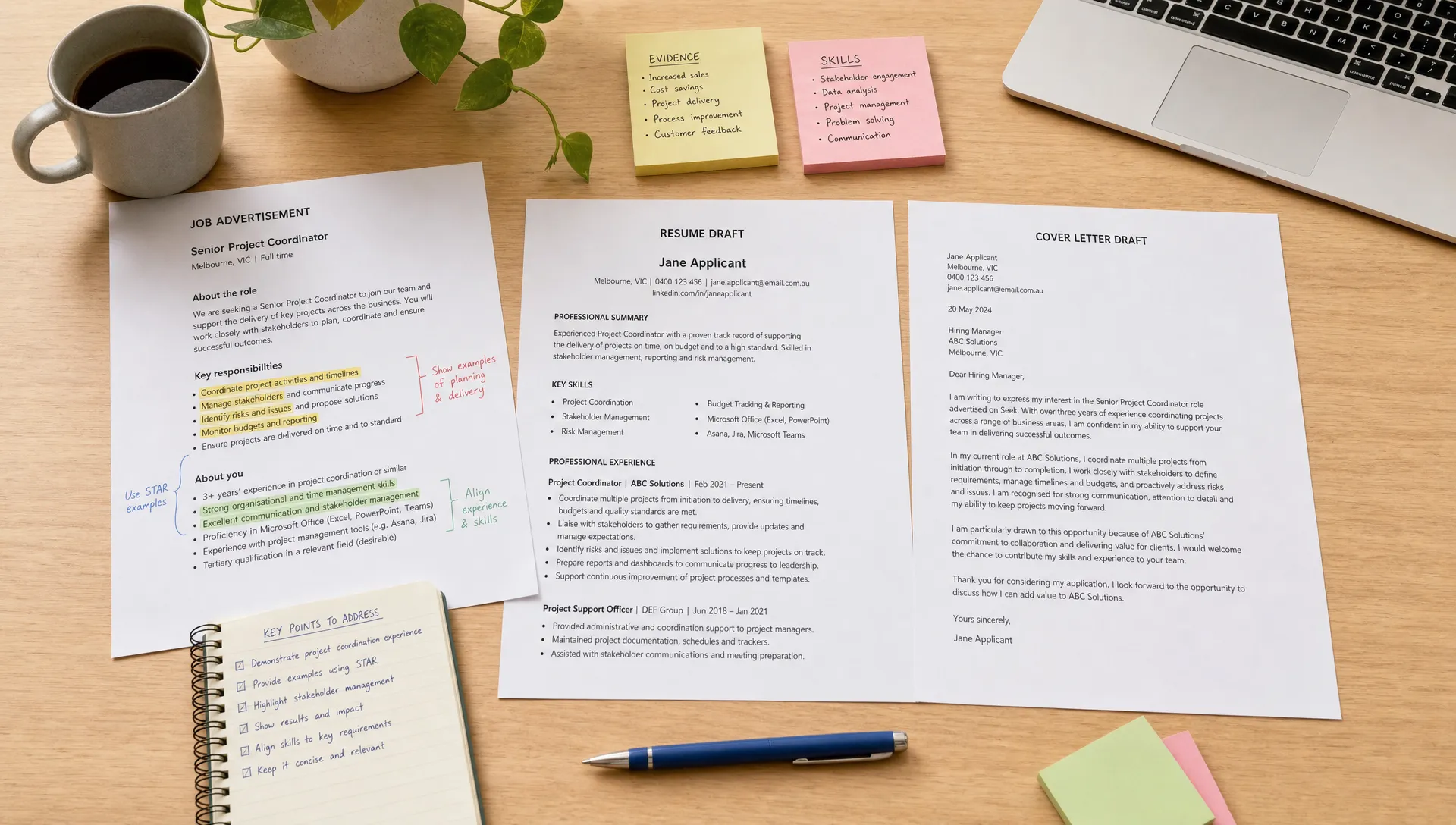 A job application workspace shows an annotated job ad, a resume draft, a cover letter page and sticky notes for evidence and skills.