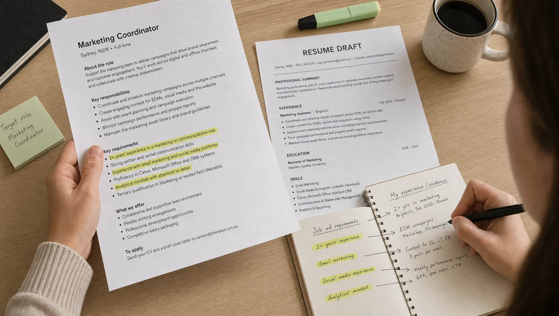 A job seeker studies a printed job ad beside a resume draft, with highlighted requirements and notes linking skills to evidence.