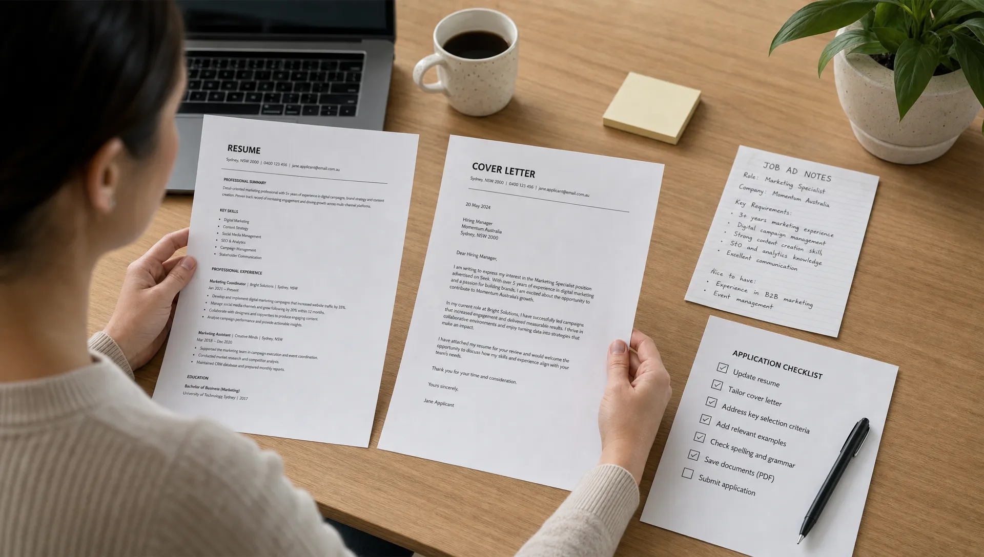 A job seeker compares a resume, cover letter, job ad notes and application checklist on a desk.