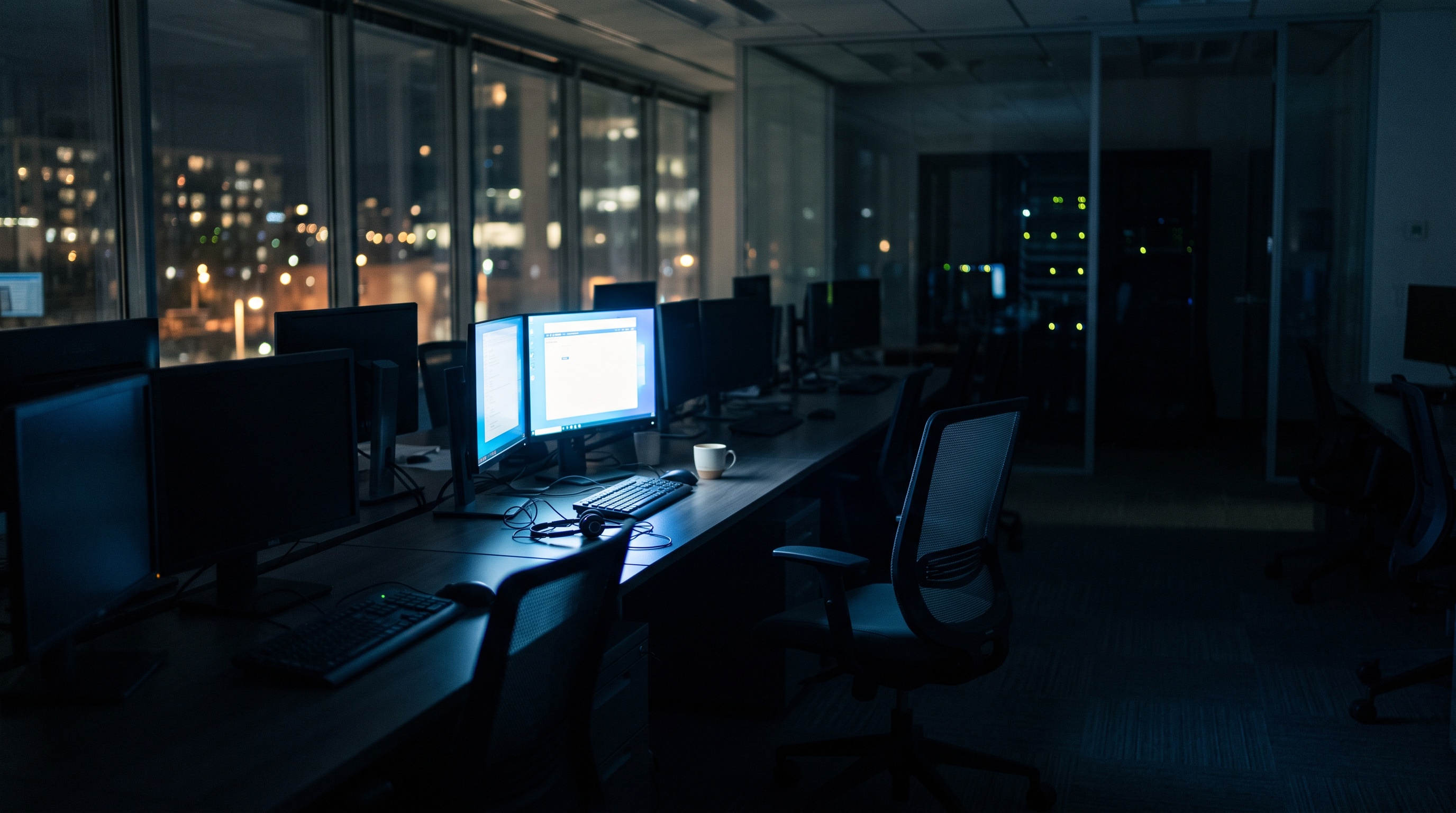 Empty IT support office at night with one monitor still on