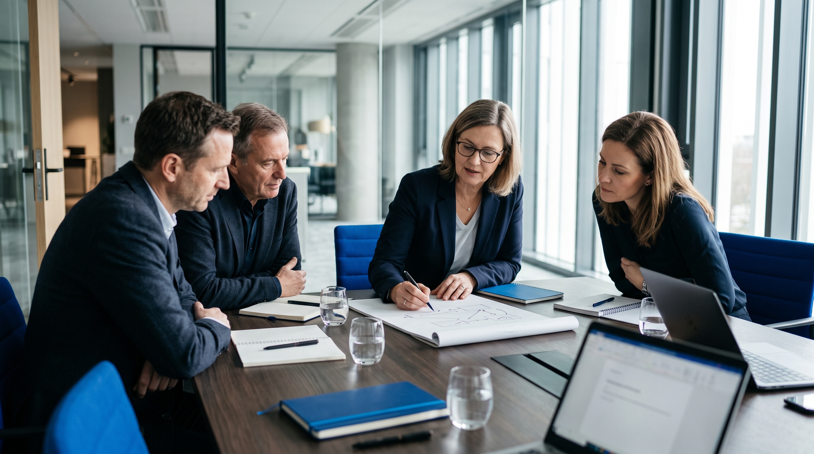 Consultants and a client manager reviewing a project together around a table