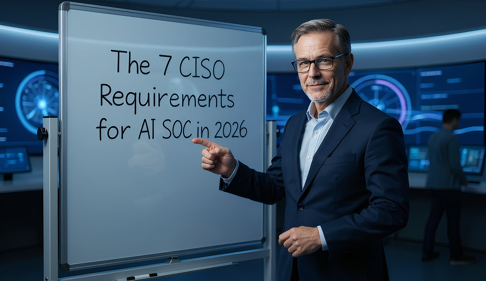 Business professional pointing to a whiteboard listing the 7 CISO requirements for AI SOC in 2026