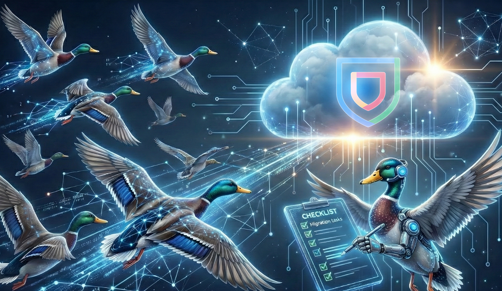 Migratory ducks flying toward Google SecOps icon in the cloud.