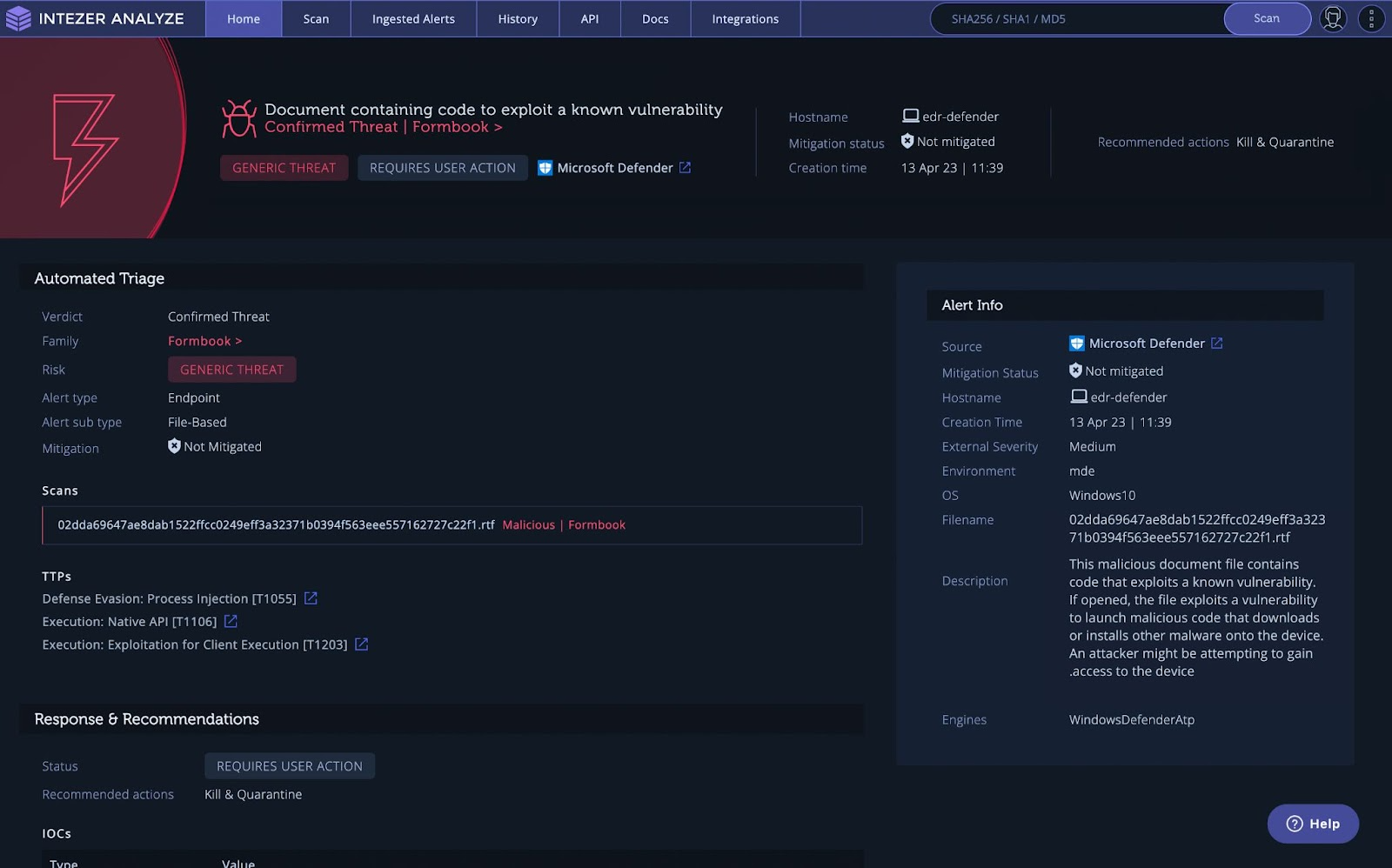 alert triage page for Microsoft Defender integration