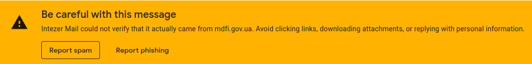 GMail warning shown for an email from a domain with no SPF record