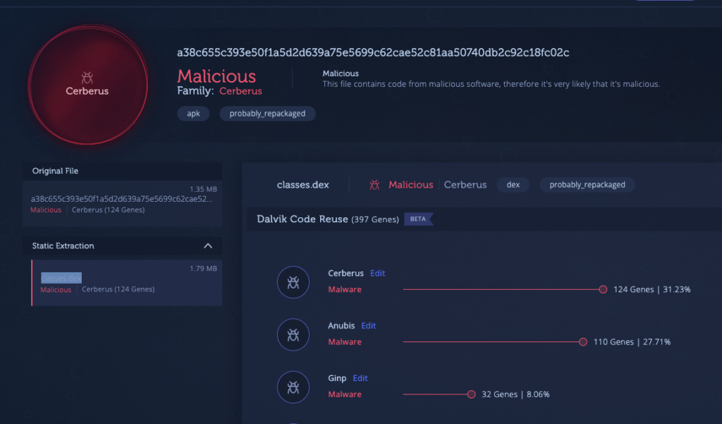We analyzed the APK using our genetic analysis platform, Intezer Analyze, which immediately classified the threat to Cerberus