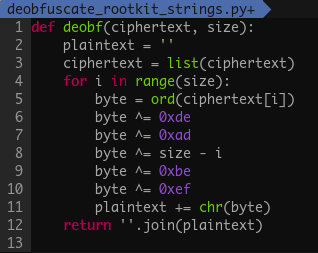 When we wrote the script to simulate the cipher that implements the string decoding function we observed the following algorithm: