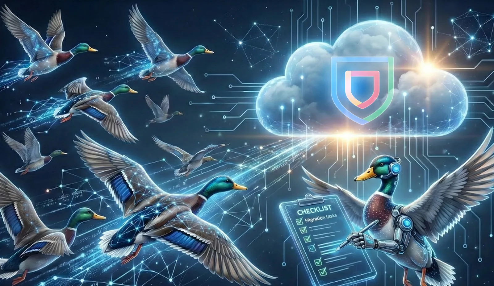 Migratory ducks flying toward Google SecOps icon in the cloud.