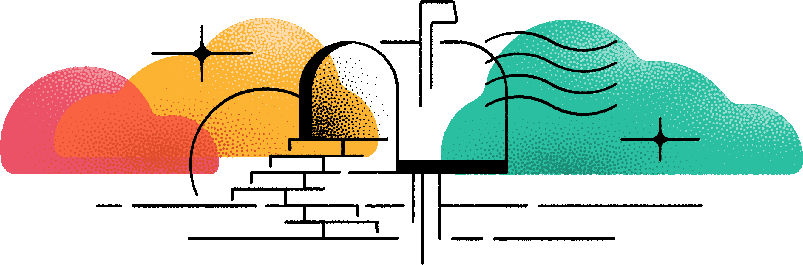 Line illustration of mailbox with multi-colored clouds behind
