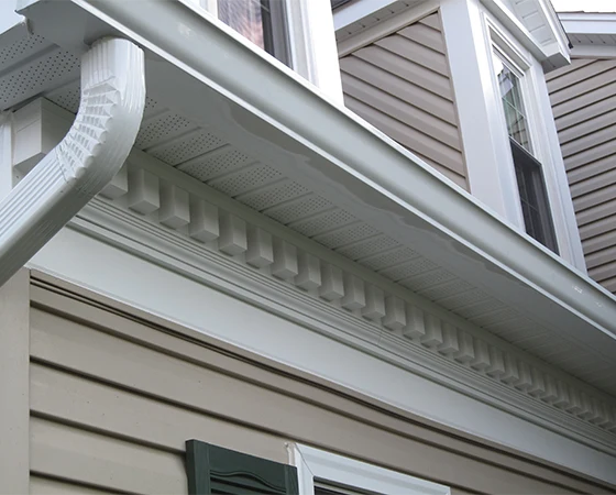 White gutter and downspout detail above dentil molding trim