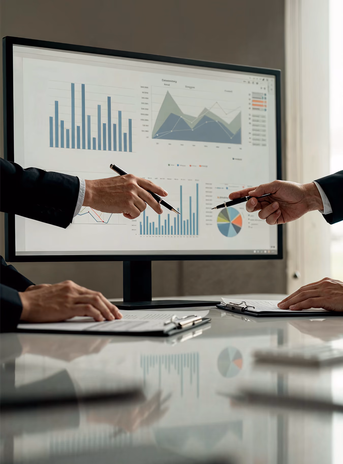 Two people in suits pointing pens at business charts and graphs on a monitor and papers.
