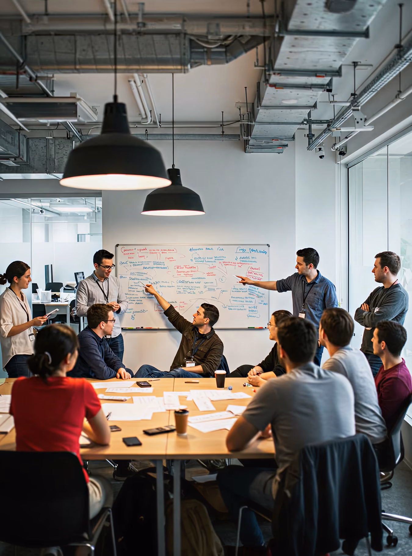 Group of young professionals in a meeting room discussing ideas at a whiteboard and table with papers.