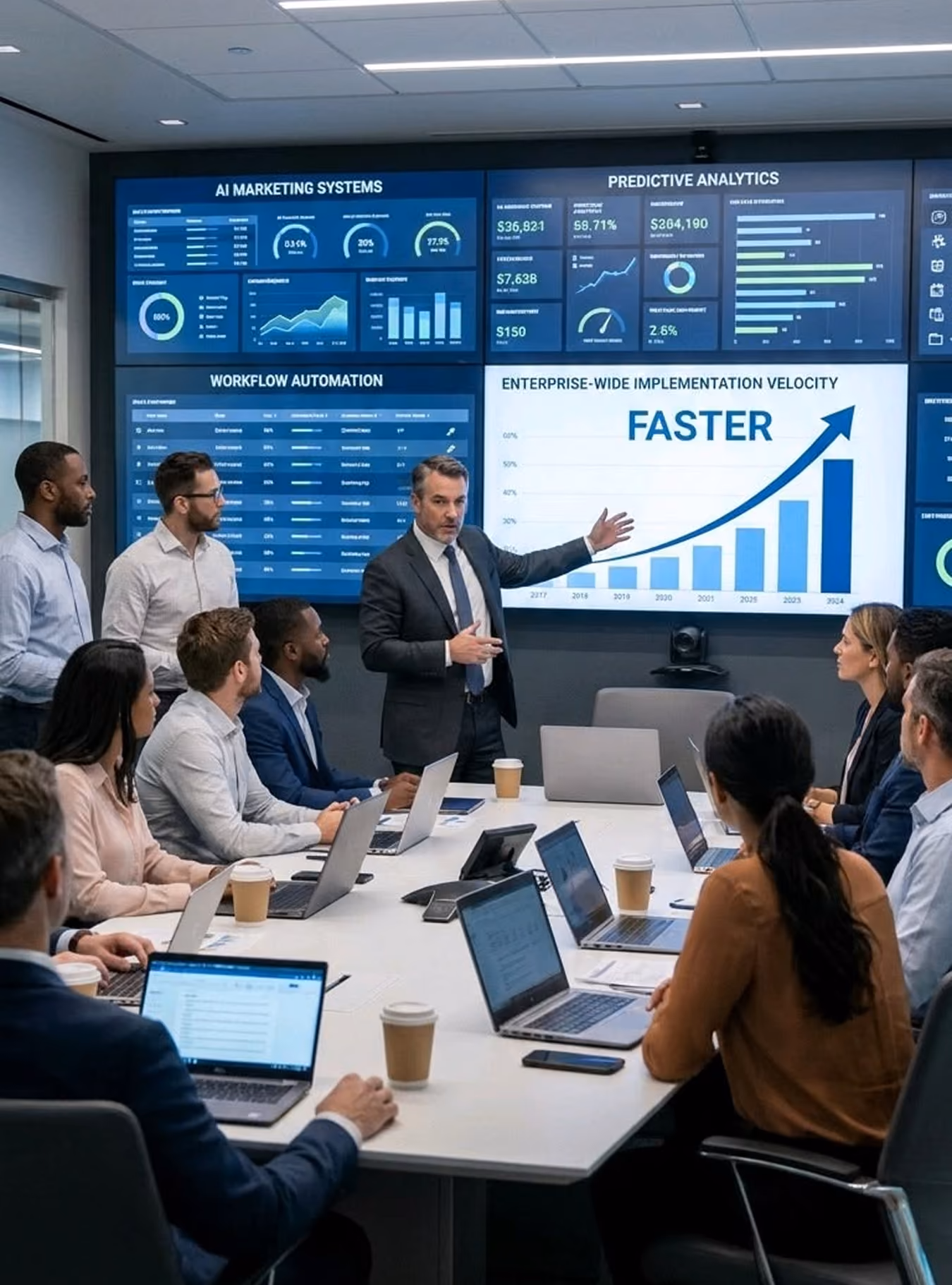 Business team in a meeting room watching a man presenting data and charts on large screens.
