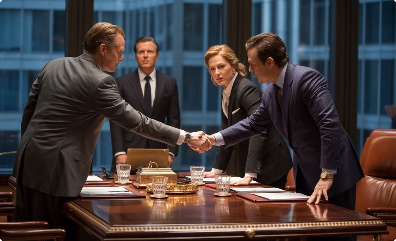 Four people in suits in an office; two men shake hands across a wooden table, others watch.