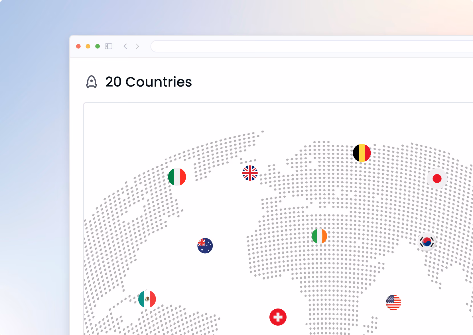 Map with dotted continents and flags marking locations in 20 countries including US, UK, Italy, Mexico, Belgium, Japan.