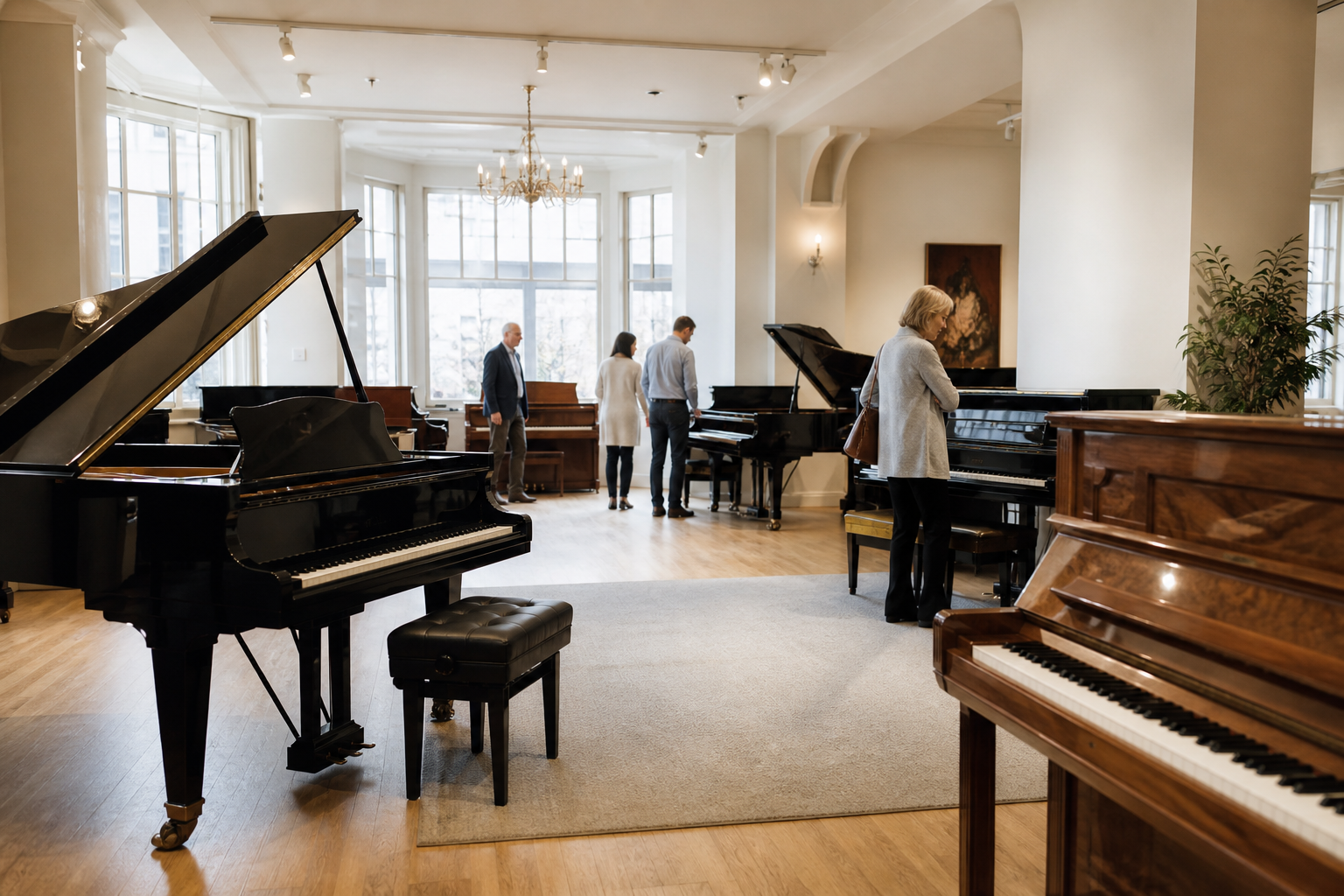 Customers browsing pianos in a UK showroom
