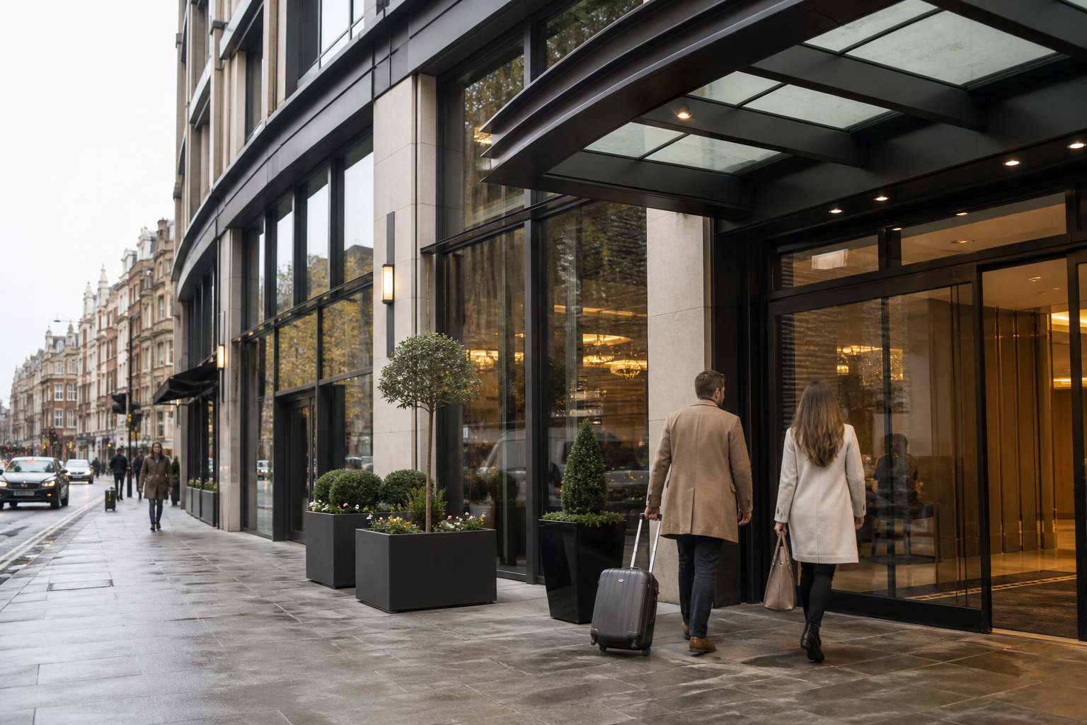 Guests arriving at a contemporary UK city hotel