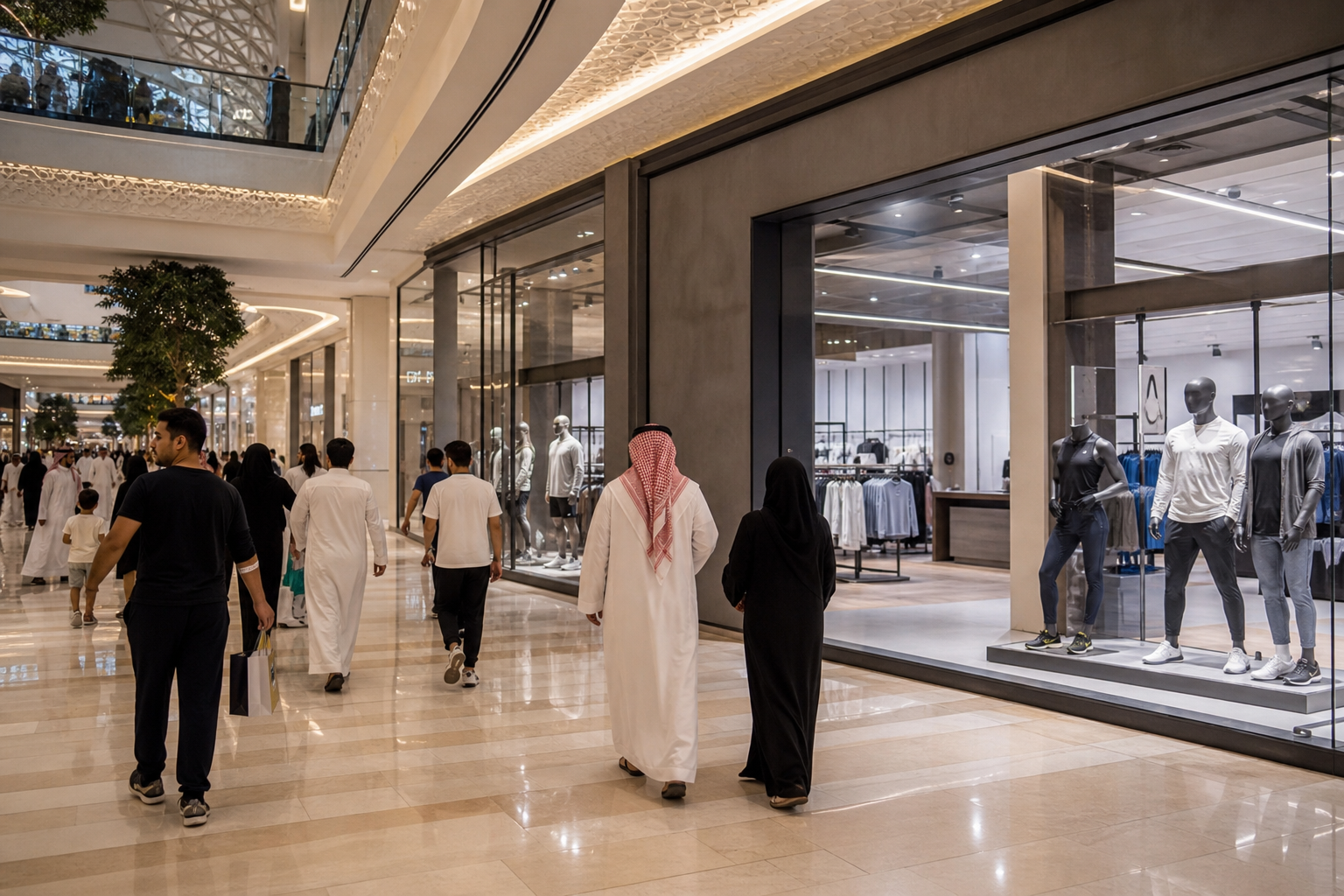 Shoppers passing a sportswear store in a Saudi Arabian shopping centre
