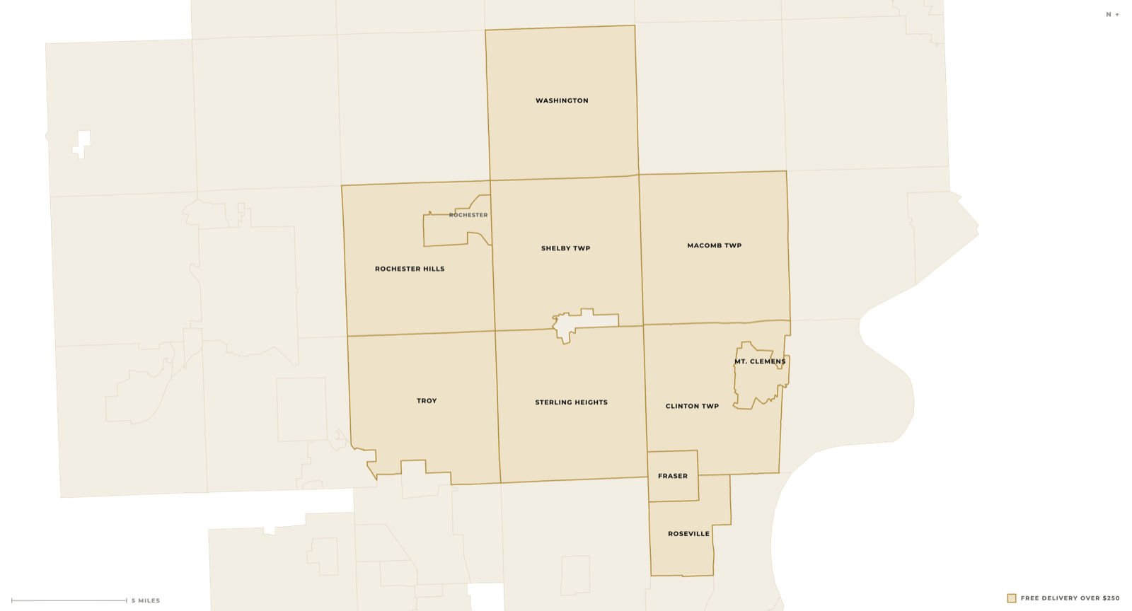 Map of Kai's Party Rentals free delivery zone covering ten cities in Macomb and north Oakland County, Michigan.
